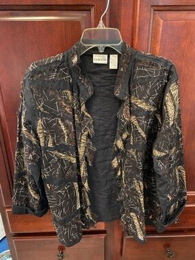 Chico's Black Jacket with Brown and Cream Leaf Print